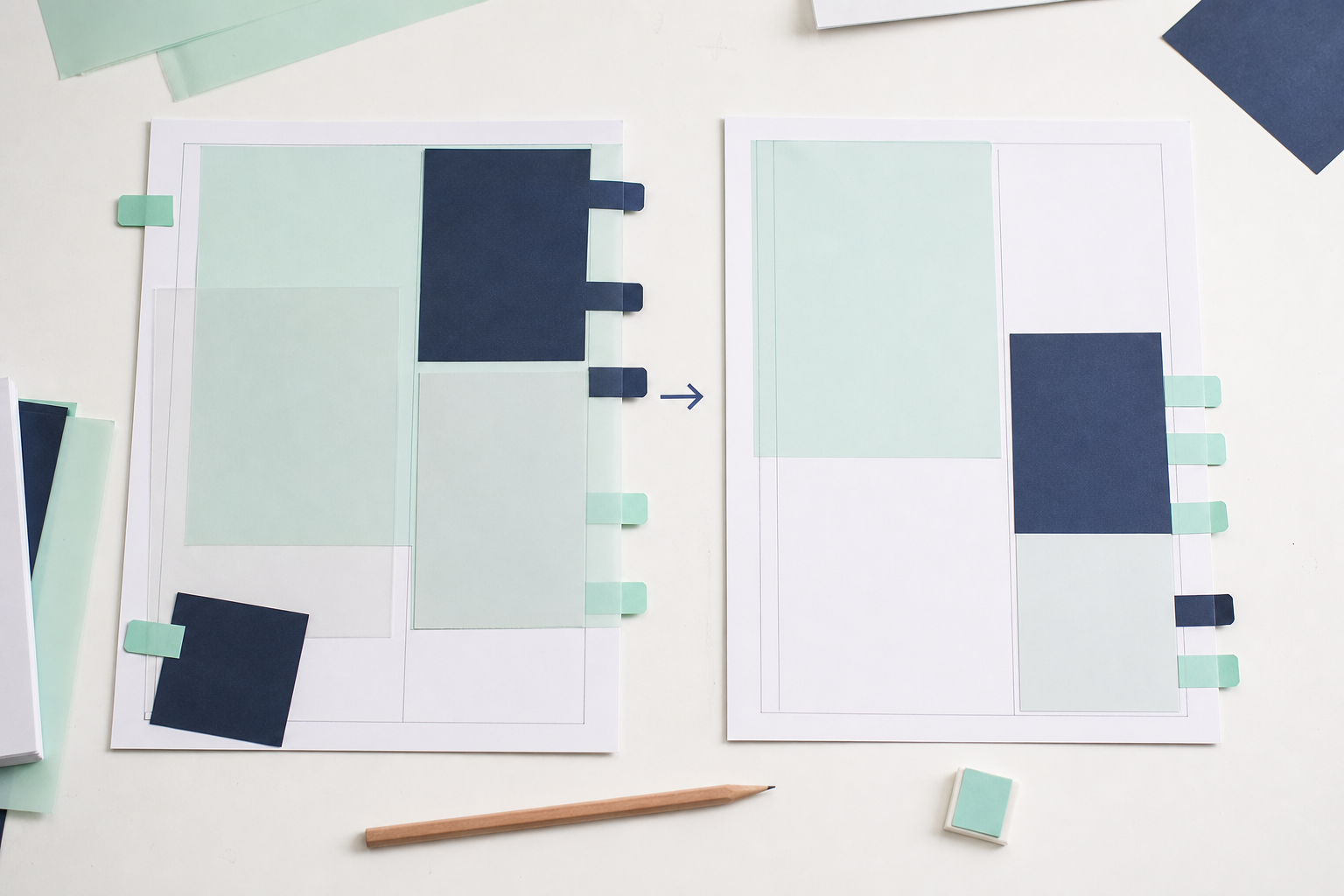Twee versies van een blanco pagina met verplaatste donkerblauwe en mintgroene vlakken en revisietabs
