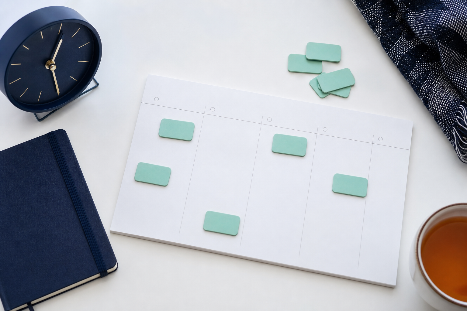 Blanco weekplanner met losse mintgroene taakkaartjes, een donkerblauwe klok en een notitieboek
